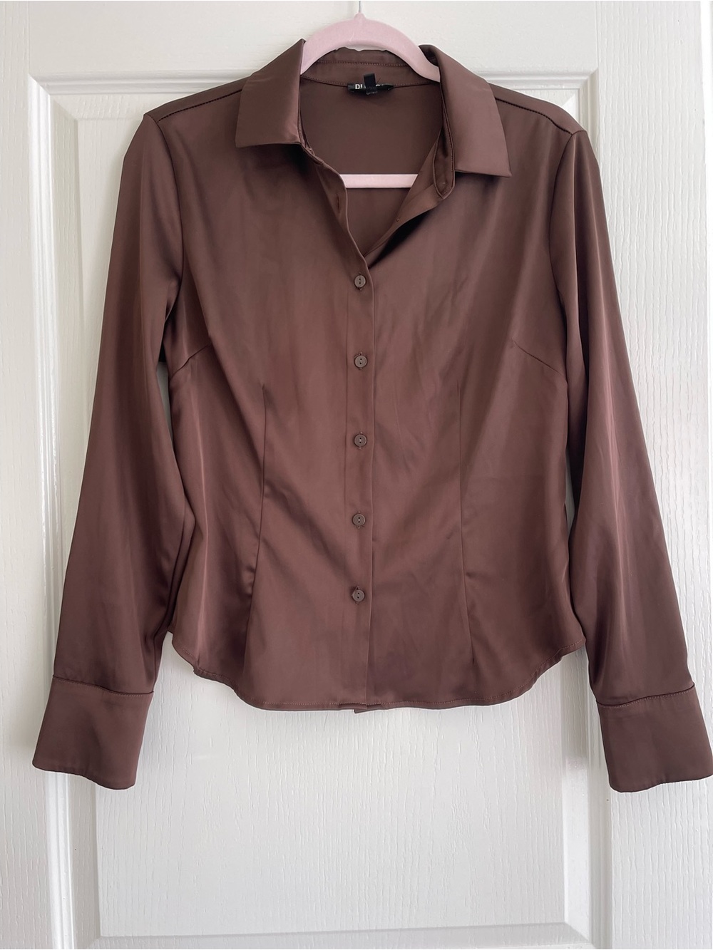 Blenca Women's Tailored Satin Chocolate Brown Button-Down Shirt